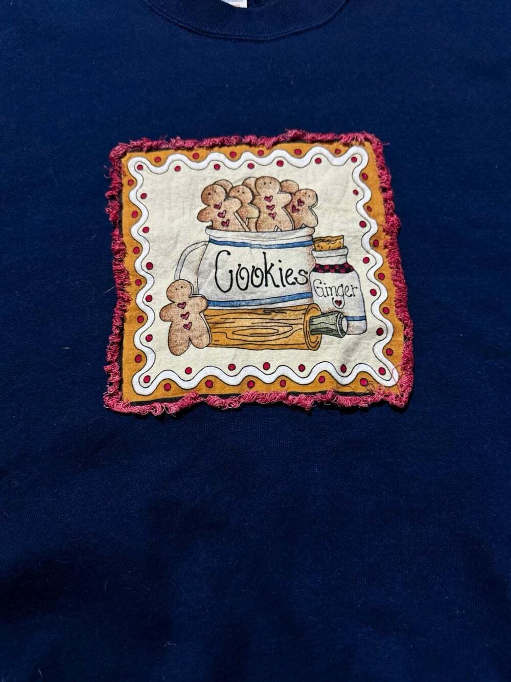 Vintage 90s Gingerbread Cookies Applique Sweatshirt Navy Jerzees XL USA Holiday